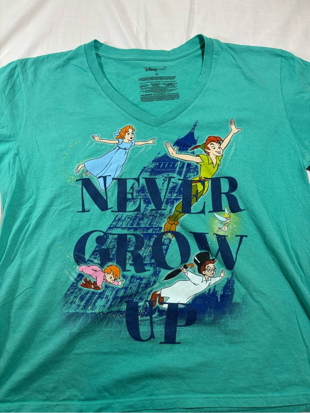 Disney Store Peter Pan Never Grow Up Shirt Womens 2XL Tinker Bell Wendy V Neck